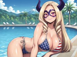 1female 1girls ai_generated american_flag_bikini bikini blonde_female blonde_hair day daytime female_focus female_only glossy_skin high_resolution long_hair looking_at_viewer mount_lady mt._lady my_hero_academia pink_eyes pool poolside shiny_skin smile smiling smiling_at_viewer solo solo_female tagme yu_takeyama