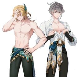 2boys alhaitham_(genshin_impact) blonde_hair bulge clothes clothes_swap clothing clothing_swap earrings genshin_impact kaveh_(genshin_impact) muscular shirtless shirtless_male toned_male