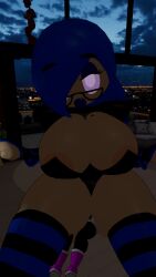 big_breasts blue_hair glasses looking_at_viewer mole_on_breast nipples shygal_(cryptiacurves) sitting_on_person spread_legs striped_socks susanna_patrya_haltmann susie_(kirby) thick_lips thick_thighs vrchat vrchat_avatar