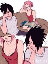 1boy 1girls blush breasts ceejles ceejss female human lounging male naruto_(series) pink_hair reading romantic_couple sakura_haruno sasuke_uchiha staring tank_top