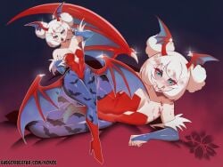 1girls :q bat_print blood blue_eyes blue_pantyhose capcom cosplay darkstalkers female female_only flat_chest hair_buns halloween head_wings heel_boots hi_res kokoe leotard licking_lips lilith_aensland_(cosplay) looking_at_viewer mel_glacée_(kokoe) naughty_face open_mouth original pantyhose smiling smiling_at_viewer solo succubus_wings thick_thighs tongue_out voluptuous white_hair wide_hips wings