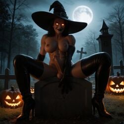 abs ai_generated balls elbow_gloves futanari glowing_eyes graveyard halloween jack-o'-lantern muscular penis thighhighs tombstone witch witch_hat