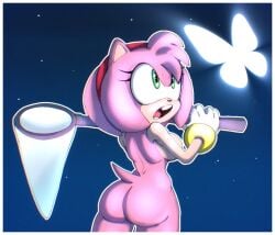 accessory amy_rose anthro arthropod ass big_breasts bracelet breasts butterfly butterfly_net clothing colono eulipotyphlan female gloves green_eyes hair_accessory hairband handwear hedgehog insects jewelry lepidopteran mammal net night nude nude_female pink_body sega shocked solo sonic_(series) sonic_the_hedgehog_(series) tail