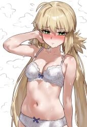 1girls artoria_pendragon artoria_pendragon_(caster) bra breasts ebora fate/grand_order fate_(series) female green_eyes light-skinned_female light_skin long_hair panties petite petite_body small_breasts sweat sweaty_body twintails youngmanisdown