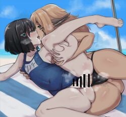 2girls absurdres bar_censor beach beach_towel bikini black_bikini blue_one-piece_swimsuit blush breasts brown_eyes celica_(xenoblade_x) censored covered_navel damagefloor day eye_contact futa_on_female futa_with_female futanari grabbing_another's_breast grabbing_from_behind green_eyes groping highres kissing leg_lift lin_lee_koo looking_at_another multiple_girls name_tag nose_blush one-piece_swimsuit outdoors school_swimsuit sex sex_from_behind small_breasts spread_legs swimsuit towel vaginal_penetration xenoblade_chronicles_(series) xenoblade_chronicles_x