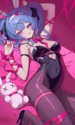 artist_request blue_hair bunny_girl_suit bunny_suit female hatsune_miku heart-shaped_pupils heart_symbol hearts on_back on_bed rabbit_hole_(vocaloid) tagme unusual_pupils vocaloid