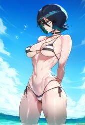 beach bleach choker kuchiki_rukia medium_breasts swimsuit toned underboob wet