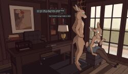 2022 4_fingers anthro autumndeer breasts cervid clothed clothing day digital_media_(artwork) duo english_text female fingers green_eyes hi_res hooves incest inside male mammal nude sitting smile text