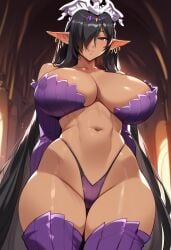 2d ai_generated big_breasts black_hair dark-skinned_female dark_elf dark_skin elf elf_ears elf_female female female_focus female_only indoors long_hair olga_discordia pointy_ears solo solo_female solo_focus standing tagme