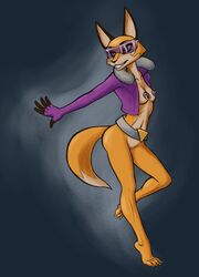 analpaladin anthro barefoot beauty_mark belt breasts canine clothing colored exposed_breasts eyewear female fox fur grin jacket mammal meika_(rimba_racer) nipple_piercing nipples orange_fur piercing pussy rimba_racer smile solo sunglasses