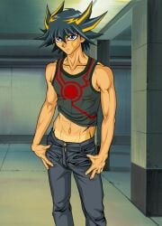 1boy 2008 abs belly_button black_hair blue_eyes gouryu jeans male male_only solo tagme tan tank_top tank_top_lift tanline two_tone_hair yellow_hair yu-gi-oh! yu-gi-oh!_5d's yusei_fudo