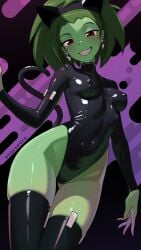 1girls absurd_res absurdres artist_name black_skinsuit black_thighhighs breasts cat_ears cat_girl cat_tail catgirl female female_only green_hair green_skin halloween halloween_costume hi_res highres long_sleeves nipple_bulge nipples otokakoto pussy red_eyes rottytops shantae short_hair simple_background skin_tight skindentation skinsuit solo thick_thighs thighhighs thighs undead_female waist zombie zombie_girl