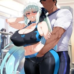 1boy 1girls ai_generated ass blue_eyes fate/grand_order fate_(series) female female_focus female_only fingering_pussy groping_crotch groping_pussy gym huge_ass huge_breasts long_hair looking_at_viewer morgan_le_fay_(fate) ponytail sports_bra thick_thighs thighs white_hair yoga_pants