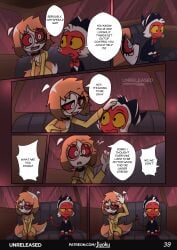 1boy anthro comic female glasses headpat helluva_boss jizoku moxxie_(helluva_boss) page_39 red_body red_sclera self_headpat sol_(jizoku) spiked_collar yellow_raincoat yellow_sclera