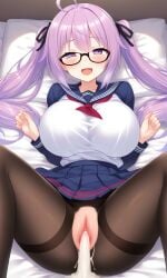 ai_generated bedroom big_breasts cum_gushing headcanon_design kagami_hiiragi lucky_star nerdy_female school_uniform