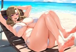 1girls ai_generated beach big_breasts brown_hair female female_focus female_only huge_breasts large_breasts looking_at_viewer mature_female milf mother oosuki_mamako purple_eyes smiling smiling_at_viewer tsuujou_kougeki_ga_zentai_kougeki_de_ni-kai_kougeki_no_okaasan_wa_suki_desu_ka? white_bikini