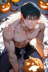 1boy abs ai_generated armpit_hair bangs bara black_hair black_pants breath bush bushy_pubes collarbone gay goldenfieldszho green_eyes hair hair_between_eyes hairy hairy_armpits hairy_arms halloween jack-o'-lantern jujutsu_kaisen large_pectorals looking_at_viewer male_focus male_pubic_hair muscular muscular_male navel navel_hair nipples pants pectorals pubic_hair pumpkin scar scar_on_face short_hair sitting smile solo sweat sweatdrop sweating sweaty sweaty_body toji_fushiguro topless_male vein veiny veiny_arms veiny_muscles yaoi