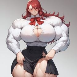 ai_generated civitai huge_breasts hyper_muscles mitsuru_kirijo muscular muscular_female persona persona_3 pleated_skirt red_hair seductive seductive_look seductive_smile skirt smile torn_clothes torn_shirt