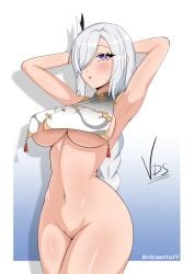 blush blush bottomless braided_ponytail female female_only genshin_impact light_skin long_hair purple_eyes shenhe_(genshin_impact) tagme vdrawstuff