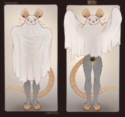 anthro barefoot bedsheet_ghost bottomless bottomless_anthro bottomless_female clothed clothing clothing_lift comic feet female flashing genitals halloween hi_res holidays mammal morgan_(rattfood) murid murine no_underwear pubes pussy rat rattfood rodent solo