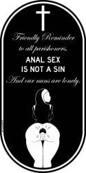 anal_gape anal_gaping backboob bent_over casualnsfw christianity cross crucifix cum_in_ass cum_in_pussy ejaculation english english_text faceless_female from_behind large_breasts looking_back minimalist minimalist_background monochrome nipples nun nun_outfit penis pictogram public_domain religion religious religious_clothing religious_headwear religious_symbols straight warning_sign