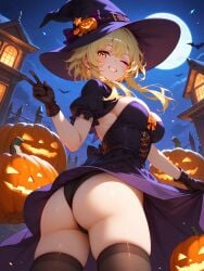 absurd_res ai_generated ass_focus back black_dress cleavage female from_below genshin_impact halloween large_hat long_gloves lumine_(genshin_impact) ministro night peace_sign seductive_pose short_dress thighhighs wink witch witch_hat