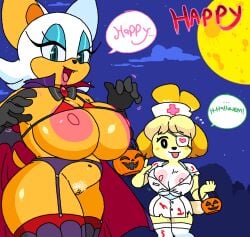 2girls animal_crossing anthro areolae bat big_breasts breasts busty canine cassettedream chiropteran crossover dialogue dream-cassette gloves halloween huge_breasts isabelle_(animal_crossing) large_breasts looking_at_viewer nipples nurse pubic_hair pussy rouge_the_bat sonic_(series) sonic_the_hedgehog_(series) talking_to_viewer text vampire