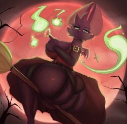 absurd_res anthro ass bat big_breasts big_butt blazethefox breasts clothed clothing colored_fire cross earwear female fire full_moon green_eyes green_fire halloween hi_res holidays huge_butt lacy_(blazethefox) looking_at_viewer looking_back looking_back_at_viewer magic magic_user mammal membrane_(anatomy) membranous_wings moon narrowed_eyes night outside purple_body rear_view solo tail wings witch