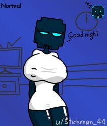 bed bedroom blue_background blue_body blue_eyes blue_skin breasts clock cube_11_(geometry_dash) geometry_dash rule_63 sleepy stickdash44 stickdash_(stickdash44) stickman44 tv white_shirt