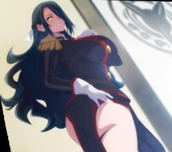 1girls ass azuma_fubuki blue_hair breasts chained_soldier clothing gloves huge_breasts large_ass large_breasts looking_at_viewer looking_back looking_down mato_seihei_no_slave milf screencap stitched thick_thighs thighs yellow_eyes
