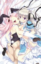 2girls absurdres after_sex ahoge animal_ears ass back bangs bare_shoulders bed bed_sheet black_ribbon black_shoes blue_dress blue_ribbon blush bow breasts bunny_ears bunny_girl bunny_tail bunnysuit collared_dress cum cum_in_pussy cum_on_ass cum_on_body cum_on_clothes cum_on_lower_body detached_collar dress eyebrows_visible_through_hair fake_animal_ears fishnet_pantyhose fishnets frilled_skirt frilled_sleeves frills from_above from_behind gangsta_republica hair_between_eyes hair_ribbon half-closed_eyes hand_on_own_ass high_heels highres kneehighs leg_up leotard long_hair looking_at_viewer looking_back lying medium_breasts miyasu_risa multiple_girls on_back on_bed on_stomach open_mouth pantyhose pink_eyes pink_hair puffy_short_sleeves puffy_sleeves purple_eyes ribbon ribbon-trimmed_legwear ribbon_trim rindou_misogi sarka_grossmanova shoes short_sleeves shoulder_blades silver_hair skirt smile spread_legs sweat tail tied_hair twintails twisted_neck very_long_hair white_bow white_legwear wrist_cuffs