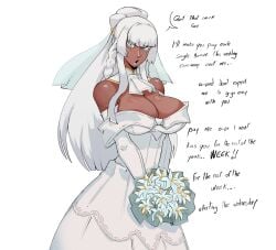 1girls atlus big_breasts bride brigitta_lycaon busty cleavage clothed cupperexe dark-skinned_female dark_skin dress english_text female female_only flower flowers huge_breasts large_breasts metaphor:_refantazio milf mostly_clothed revealing_clothes revealing_dress tagme text wedding_dress wedding_ring white_eyes white_hair