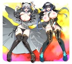 1girls 2d 2d_(artwork) 2girls big_breasts black_hair blue_eyes boots breasts date_a_live dress exposed_breasts female_only grey_hair hand_on_pussy honjou_karen light-skinned_female long_boots long_hair lying_on_floor nibelcole nipples nun nun_hat nun_outfit panties pink_nipples short_hair skirt solo solo_female thighs touching_pussy variant_set