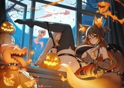 1girls animal_ears black_hair blush breasts female female_only greatodoggo halloween hellhound huge_breasts indie_virtual_youtuber jack-o'-lantern light-skinned_female light_skin monster_girl orange_eyes sinder_(vtuber) tail undressing virtual_youtuber wolf_ears wolf_girl wolf_tail