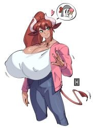 1girls absurd_res aeryn_(thehelmetguy) blush brown_hair cow_ears cow_girl cow_horns cow_tail female female_only gigantic_breasts green_eyes hors huge_breasts long_hair looking_at_viewer nipple_bulge smiling smiling_at_viewer solo tail thehelmetguy white_background