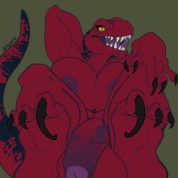 dinosaur futanari grind3r h-raptor herm huge_breasts hyper_penis intersex purple_penis raptor red_scales scalie sharp_teeth skirt solo tail talons tongue veiny_penis yellow_eyes