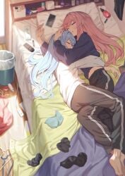 2girls artist_request bed character_request cuddling pants sleeping voiceroid wholesome yuri