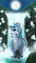 1futa aleu_moonshadow anthro blue_hair breasts canine fox fur furry futanari grey_fur hair herm intersex long_hair mammal moonlight multi_breast multi_tail showering solo_futa waterfall