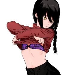 1girls black_hair bra braid braided_ponytail chainsaw_man clothed demon demon_girl female isuke_now long_hair nayuta_(chainsaw_man) ponytail purple_bra solo solo_female sweater_lift yellow_eyes