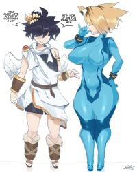 1boy 1girls ano_(anor3xia) anor3xia big_breasts biting_finger black_hair blonde_female blonde_hair blonde_hair_female bodysuit breasts clothed cosplay costume eyes_covered finn_(ngcc) hi_res kid_icarus metroid ngcc older_female page_1 skin_tight smirk smirking teeth thick_thighs thighs younger_male zero_suit_samus_(cosplay)