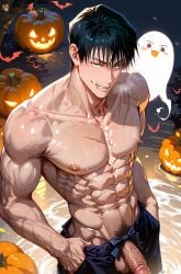 1boy abs ai_generated armpit_hair bangs bara black_hair black_pants bush bushy_pubes erection gay genitals ghost goldenfieldszho green_eyes hair hairy hairy_armpits hairy_arms hairy_balls hairy_male halloween jack-o'-lantern jujutsu_kaisen large_pectorals looking_at_viewer male_focus male_pubic_hair muscular muscular_male naked naked_male navel navel_hair nipples open_pants pants pectorals penis pubic_hair pumpkin scar scar_on_face short_hair smile solo sweat sweatdrop sweating sweaty sweaty_balls sweaty_body sweaty_genitalia testicles toji_fushiguro topless_male uncensored vein veins veiny veiny_arms veiny_muscles veiny_penis water yaoi