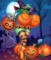 big_areola big_breasts big_nipples blaster_master_zero_2 green_skin halloween halloween_costume hd-2 huge_breasts kanna_(blaster_master) plant plant_girl plantie pumpkin shiny_skin tisinrei