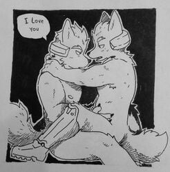 2boys anal anal_sex anthro canine duo fox fox_mccloud gay glitter_trap_boy male male_only mammal monochrome nintendo nude penetration sex star_fox text video_games wolf wolf_o'donnell yaoi