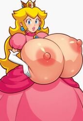 ai_generated big_breasts blonde_female blonde_hair huge_breasts mario_(series) nintendo nipples pink_dress princess_peach royalty super_mario_bros. super_princess_peach wardrobe_malfunction