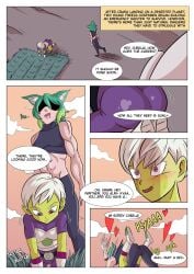 ass cheelai comic dialogue dragon_ball dragon_ball_super female green_hair green_skin short_hair speech_bubble tagme text wacum white_hair