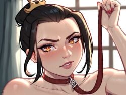 avatar_the_last_airbender azula bare_shoulders black_hair blurry_background blush chains choker collar collarbone curtains female lips looking_at_viewer mole nail_polish pink_nails red_nails sidelocks solo sweat window