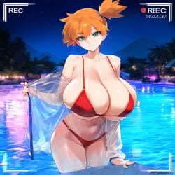 1:1_aspect_ratio ai_generated aqua_eyes asymmetrical_hair bangs bare_shoulders bikini blue_eyes blush breasts clavicle cleavage closed_mouth clothing cowboy_shot curvaceous female female female_only green_eyes gym_leader hair_between_eyes huge_breasts jacket kasumi_(pokemon) large_breasts looking_at_viewer navel night night_sky open_clothes orange_hair outdoors partially_submerged pokemon pokemon_character ponytail pool red_bikini red_swimsuit savagesaus221 see-through shiny shiny_skin shirt short_hair side_ponytail sky smile solo standing swimsuit thick_thighs thighs tied_hair tree wading water wet white_shirt wide_hips