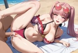 ai_generated beach big_breasts bikini cum cum_in_pussy cum_inside cum_on_breasts fire_emblem fire_emblem:_three_houses hilda_valentine_goneril laying_on_ground missionary_position orgasm orgasm_face pink_hair spread_legs sweat twintails