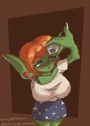 big_breasts blue_eyes dagawblin goblin_female green_skin looking_at_phone orange_hair pointy_ears shortstack skirt white_shirt