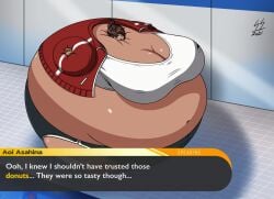 1girls asahina_aoi ass_expansion athletic athletic_female belly_expansion big_ass big_belly big_breasts black_shorts blue_eyes breast_expansion brown_hair cleavage danganronpa danganronpa:_trigger_happy_havoc dark-skinned_female dark_skin dialogue expansion female immobile inflation jacket morbidly_obese navel obese_female pool red_jacket regret shirt shorts spherical_inflation sugarrollart sunken_head sunken_limbs tagme white_shirt